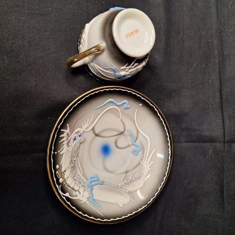 Vintage Moriage Dragonware Demitasse Cup and Saucer Set Grey Black Gold‎